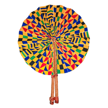 Load image into Gallery viewer, Motherland Fans: African Ankara Print Handheld Folding Hand Fan with leather accents (assorted colors)