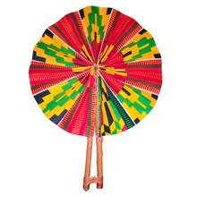 Load image into Gallery viewer, Motherland Fans: African Ankara Print Handheld Folding Hand Fan with leather accents (assorted colors)