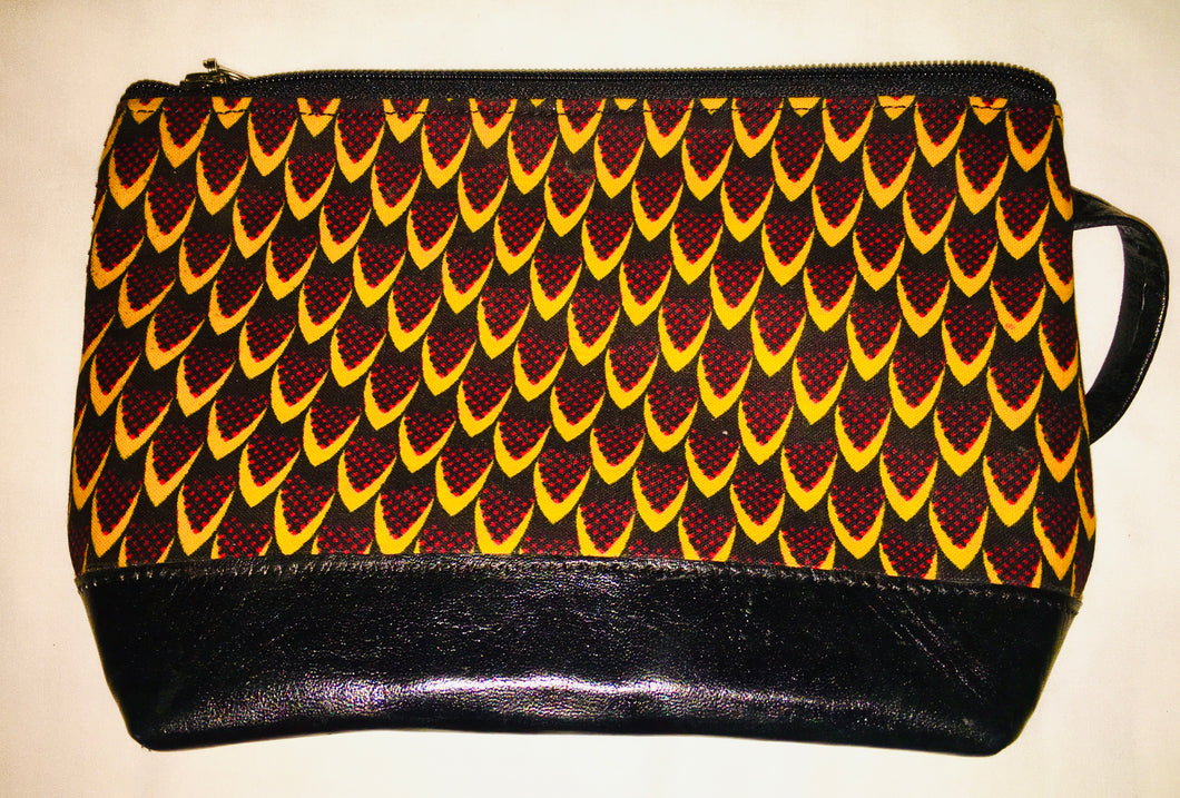 Genuine Leather &  African Ankara Fabric Zippered Pouch