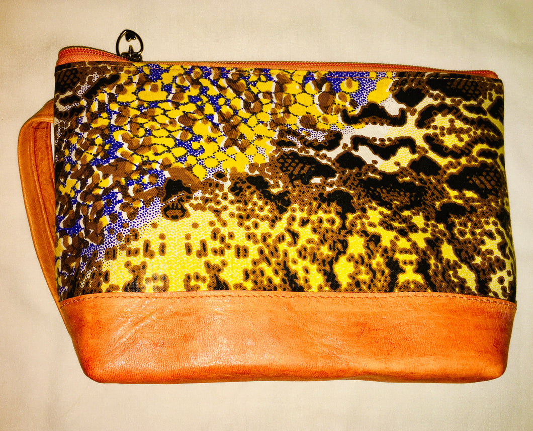 Genuine Leather &  African Ankara Fabric Zippered Pouch