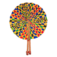 Load image into Gallery viewer, Motherland Fans: African Ankara Print Handheld Folding Hand Fan with leather accents (assorted colors)
