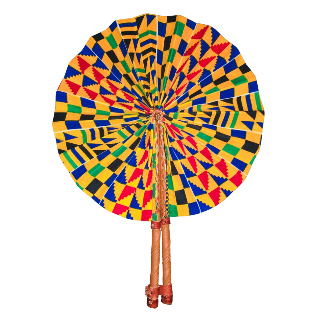 Motherland Fans: African Ankara Print Handheld Folding Hand Fan with leather accents (assorted colors)